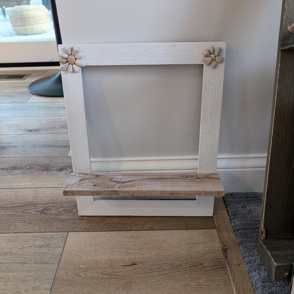HandmaWooden Decorative Frame Shelf with Flower Accents - White and Natural Wood